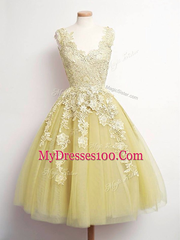 Knee Length Gold Quinceanera Dama Dress Tulle Sleeveless Lace