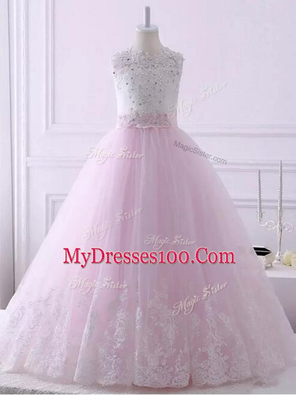 Fashion Baby Pink Tulle Lace Up Scalloped Sleeveless Little Girl Pageant Dress Brush Train Lace