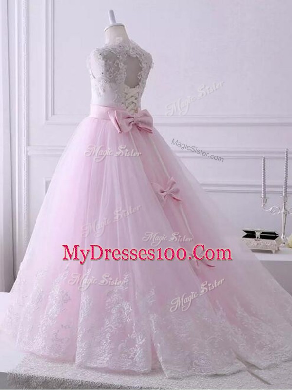Fashion Baby Pink Tulle Lace Up Scalloped Sleeveless Little Girl Pageant Dress Brush Train Lace