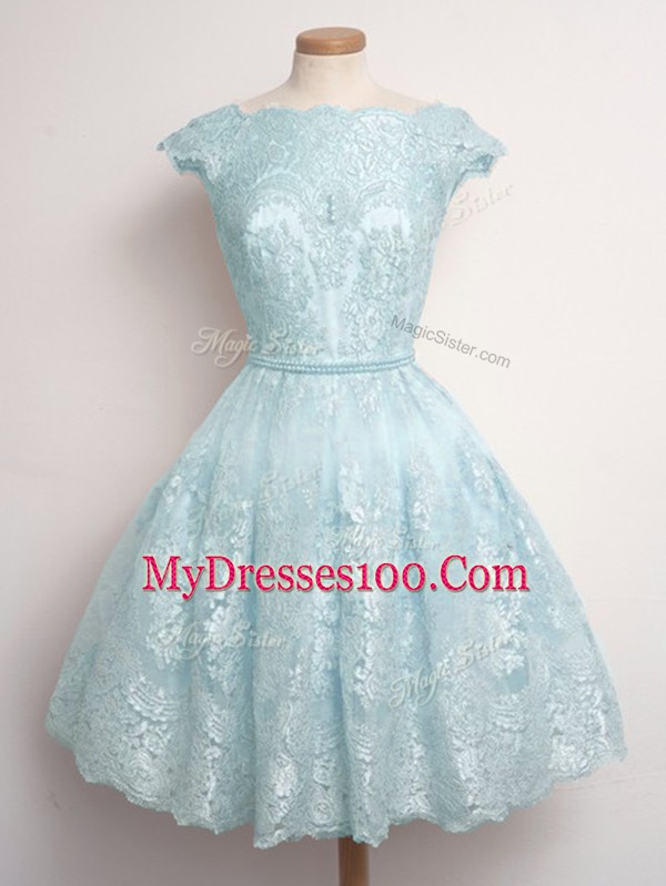 Decent Cap Sleeves Knee Length Lace Lace Up Bridesmaids Dress with Light Blue
