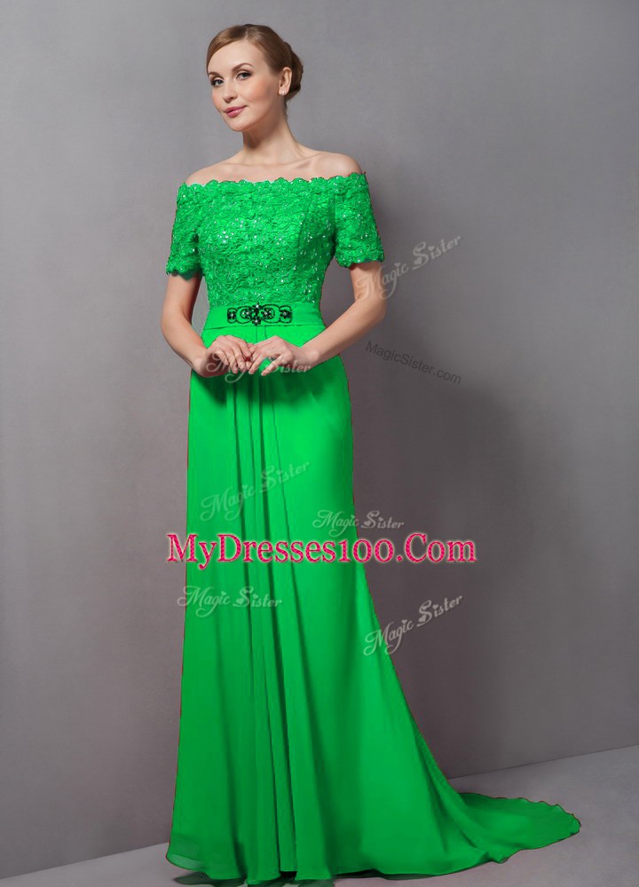 Traditional Empire Off The Shoulder Short Sleeves Chiffon Sweep Train Zipper Lace Mother Of The Bride Dress