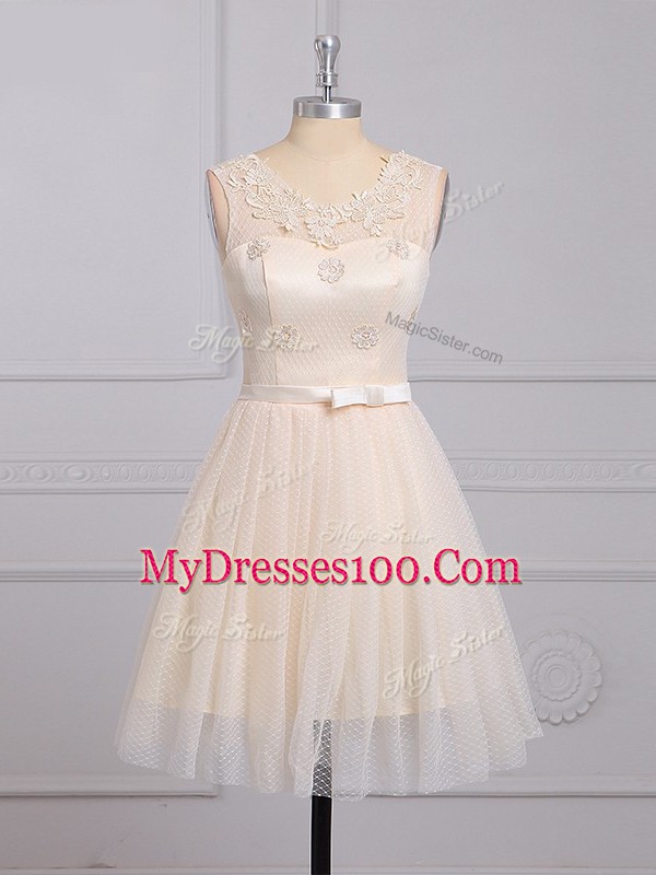 Champagne Lace Lace Up Wedding Guest Dresses Sleeveless Mini Length Appliques and Belt