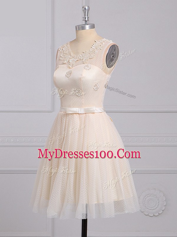 Champagne Lace Lace Up Wedding Guest Dresses Sleeveless Mini Length Appliques and Belt