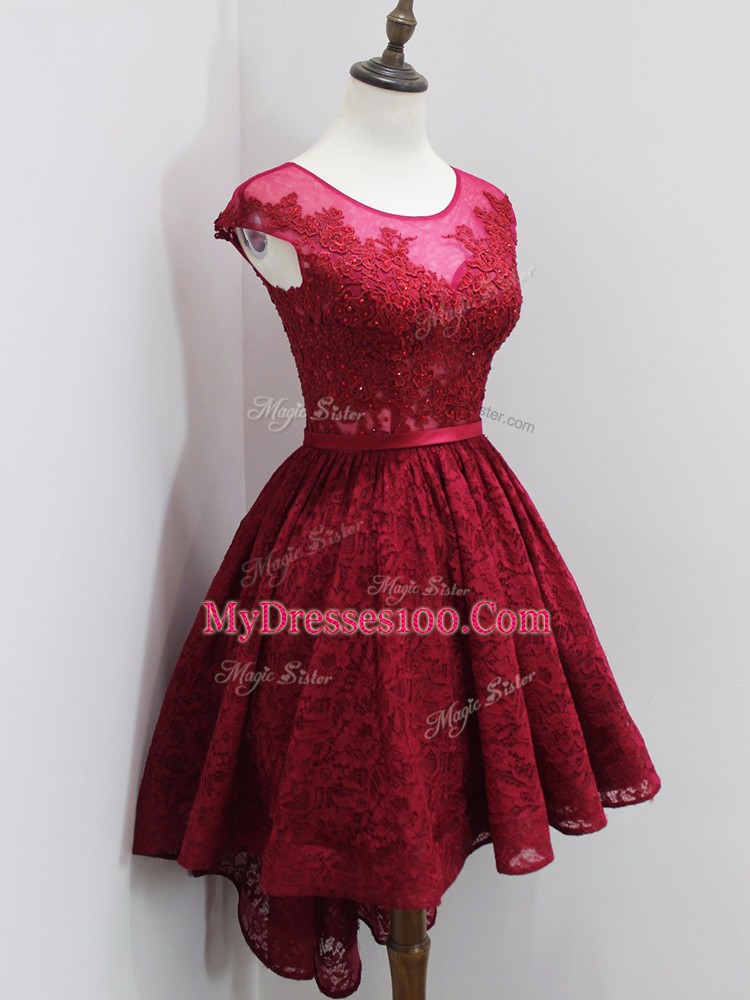Scoop Cap Sleeves Lace Bridesmaid Gown Beading and Lace Zipper