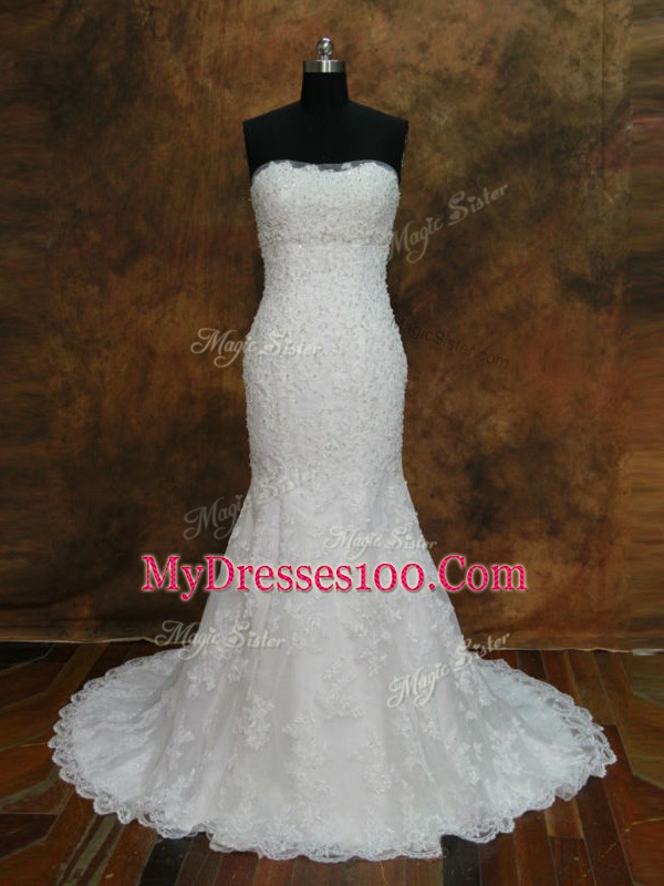 Custom Fit White Lace Lace Up Bridal Gown Sleeveless Brush Train Lace