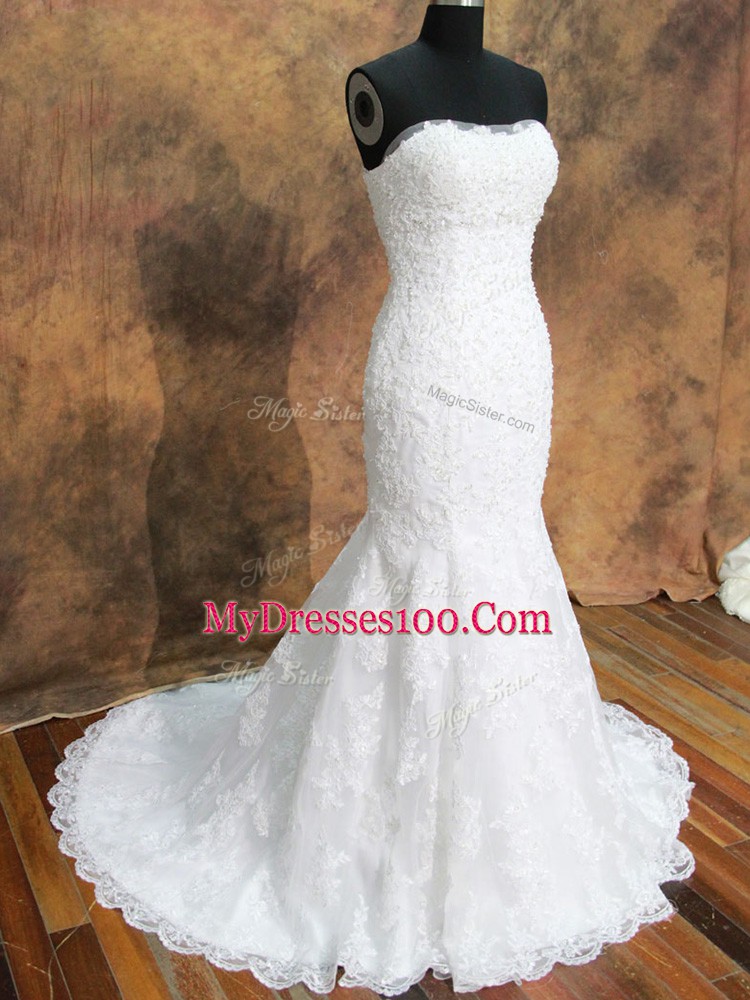 Custom Fit White Lace Lace Up Bridal Gown Sleeveless Brush Train Lace