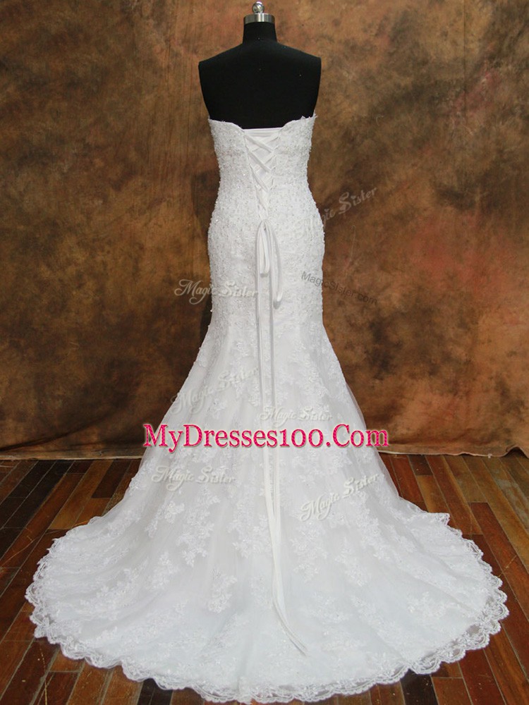 Custom Fit White Lace Lace Up Bridal Gown Sleeveless Brush Train Lace