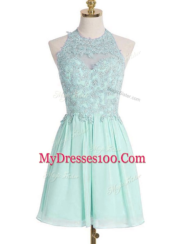 Excellent Apple Green Chiffon Lace Up Dama Dress for Quinceanera Sleeveless Knee Length Appliques