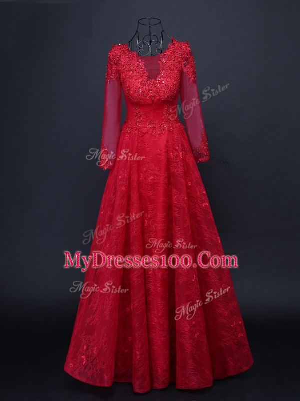 Best Selling Red Lace Up Scoop Lace and Appliques Mother Of The Bride Dress Tulle Long Sleeves
