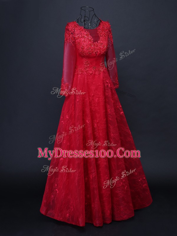 Best Selling Red Lace Up Scoop Lace and Appliques Mother Of The Bride Dress Tulle Long Sleeves
