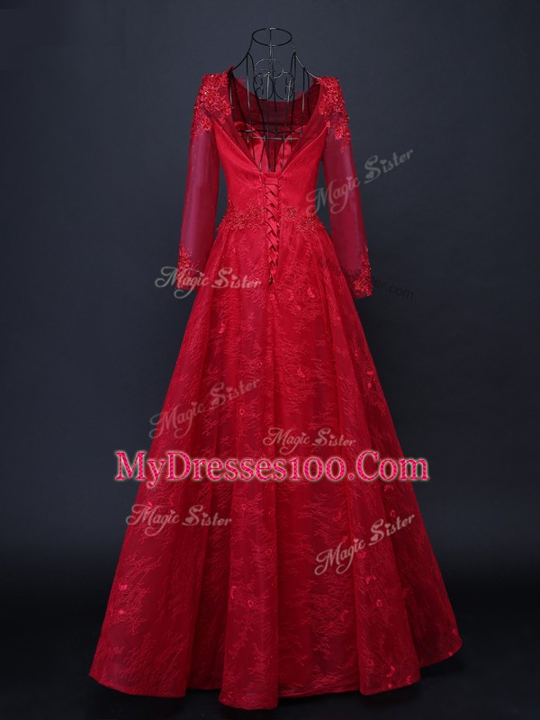 Best Selling Red Lace Up Scoop Lace and Appliques Mother Of The Bride Dress Tulle Long Sleeves