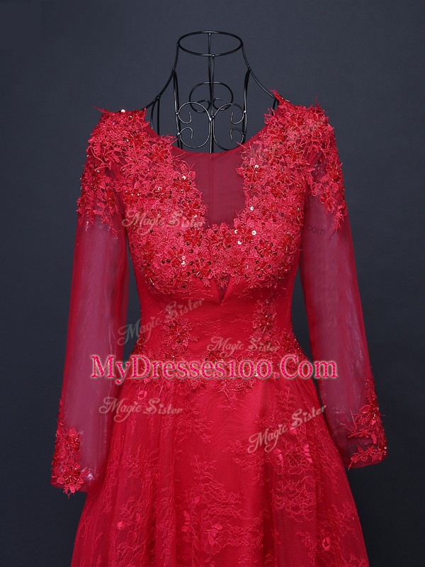 Best Selling Red Lace Up Scoop Lace and Appliques Mother Of The Bride Dress Tulle Long Sleeves