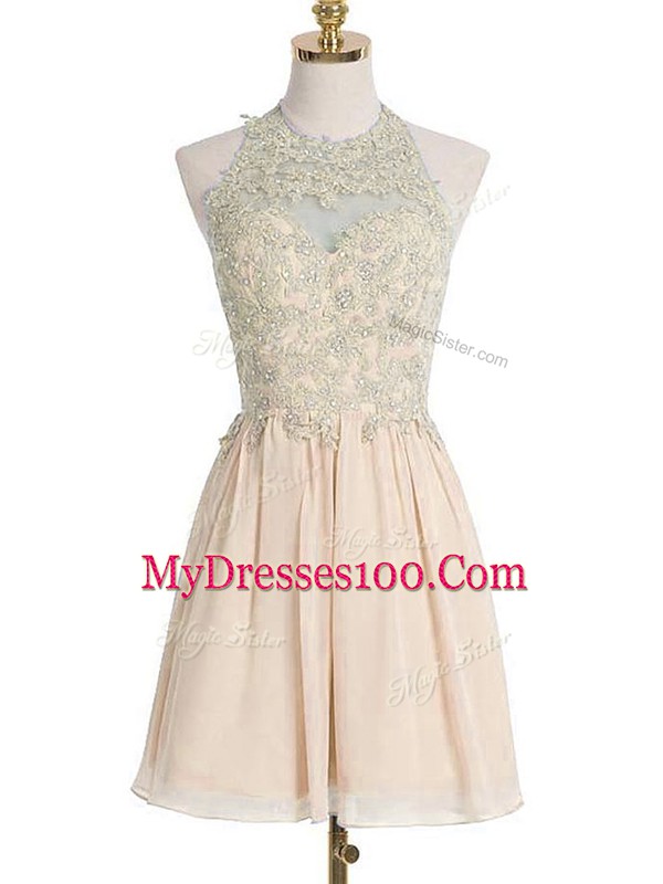Low Price Sleeveless Lace Up Knee Length Appliques Bridesmaid Gown