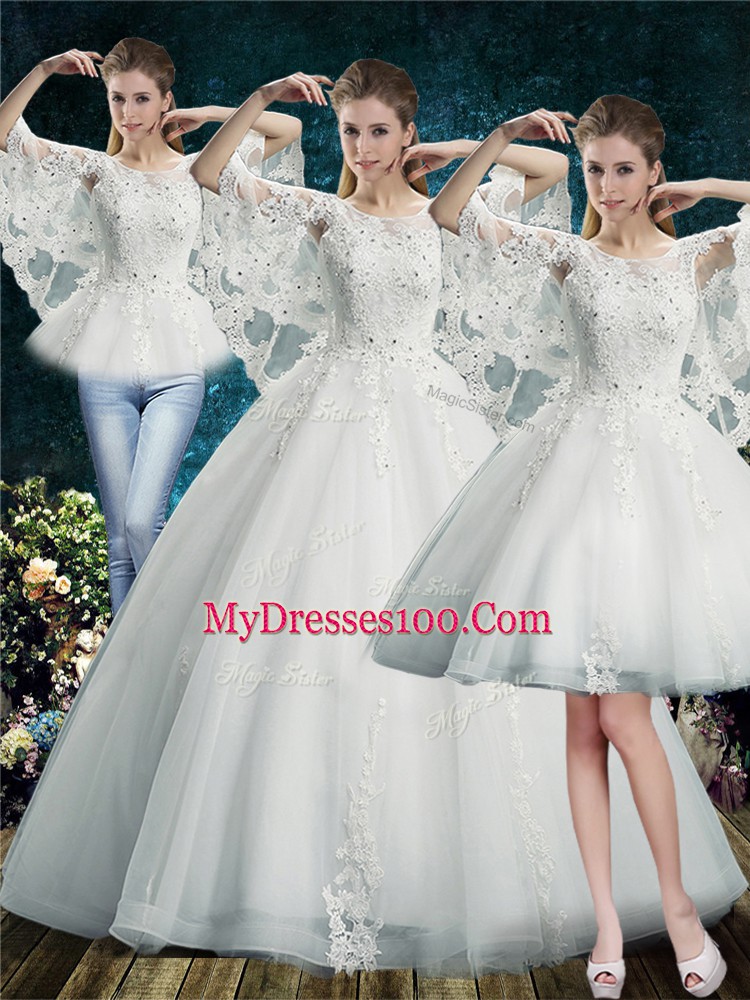 Superior White Scoop Lace Up Lace Wedding Dresses Half Sleeves
