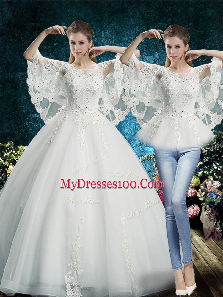 Superior White Scoop Lace Up Lace Wedding Dresses Half Sleeves