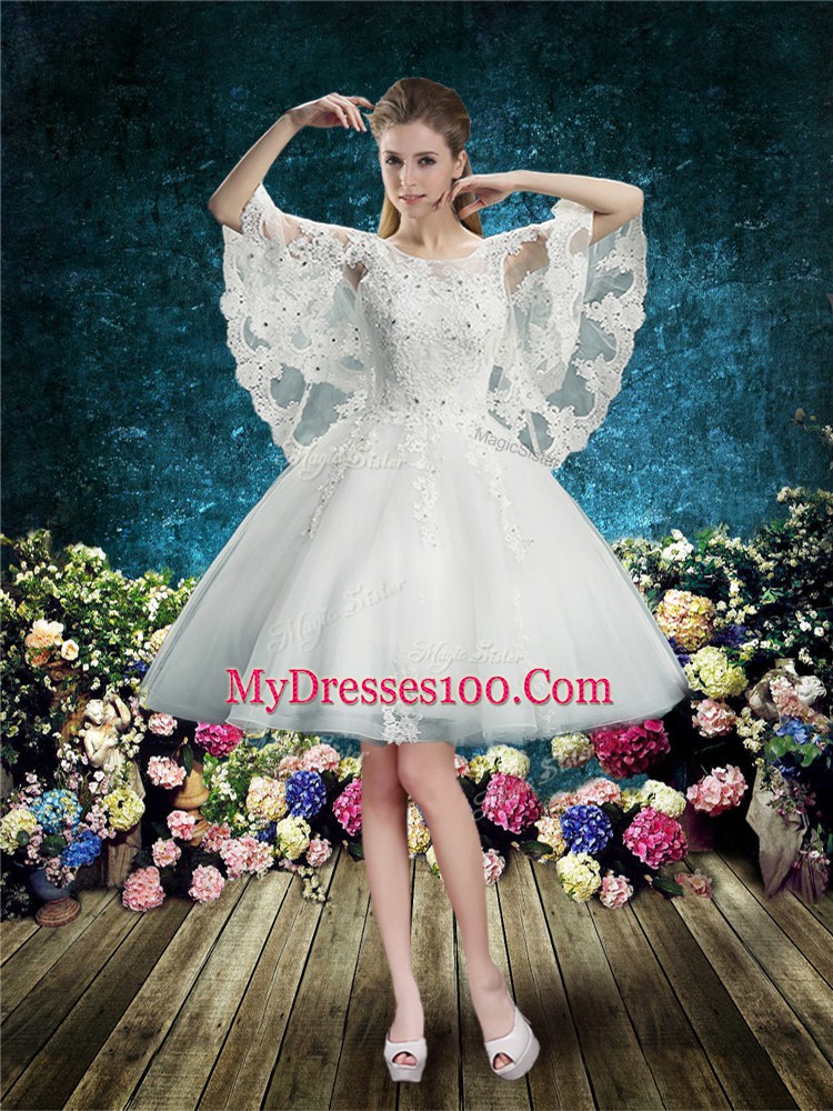 Superior White Scoop Lace Up Lace Wedding Dresses Half Sleeves