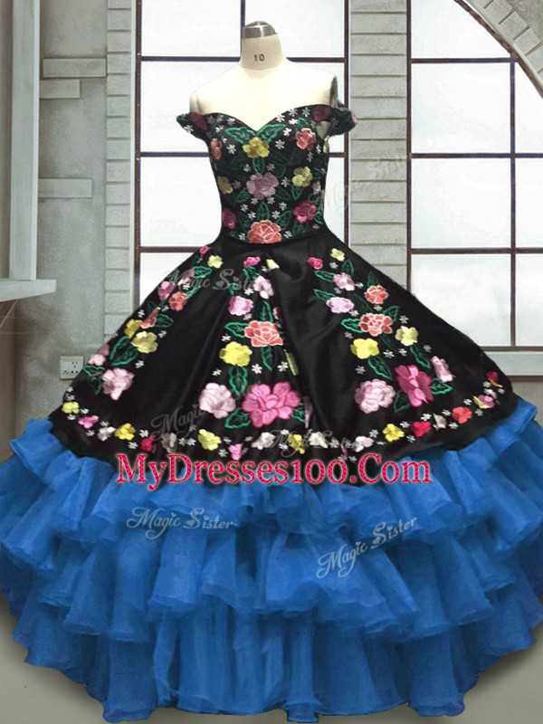 Blue And Black Sweetheart Neckline Embroidery and Ruffled Layers Quinceanera Gowns Sleeveless Lace Up