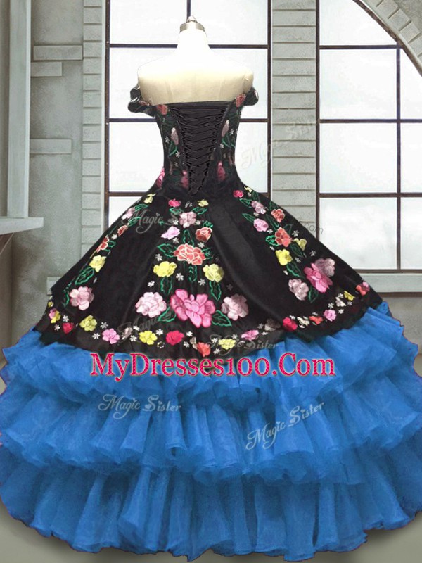 Blue And Black Sweetheart Neckline Embroidery and Ruffled Layers Quinceanera Gowns Sleeveless Lace Up