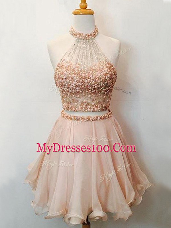 Customized Champagne Halter Top Lace Up Beading Quinceanera Court Dresses Sleeveless