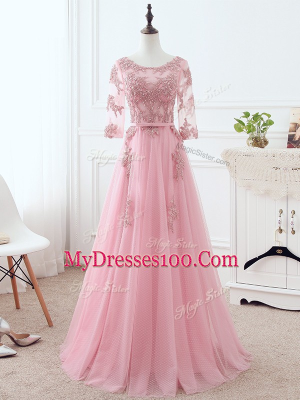 Fantastic Pink Empire Lace and Appliques and Belt Mother of Bride Dresses Lace Up Tulle 3 4 Length Sleeve Floor Length