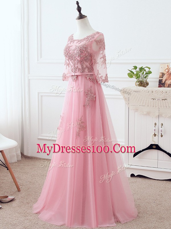Fantastic Pink Empire Lace and Appliques and Belt Mother of Bride Dresses Lace Up Tulle 3 4 Length Sleeve Floor Length