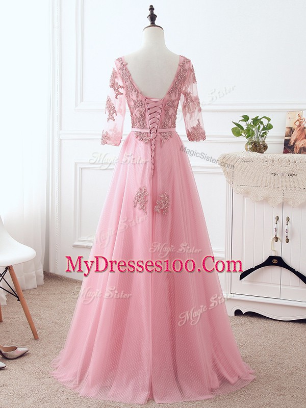 Fantastic Pink Empire Lace and Appliques and Belt Mother of Bride Dresses Lace Up Tulle 3 4 Length Sleeve Floor Length