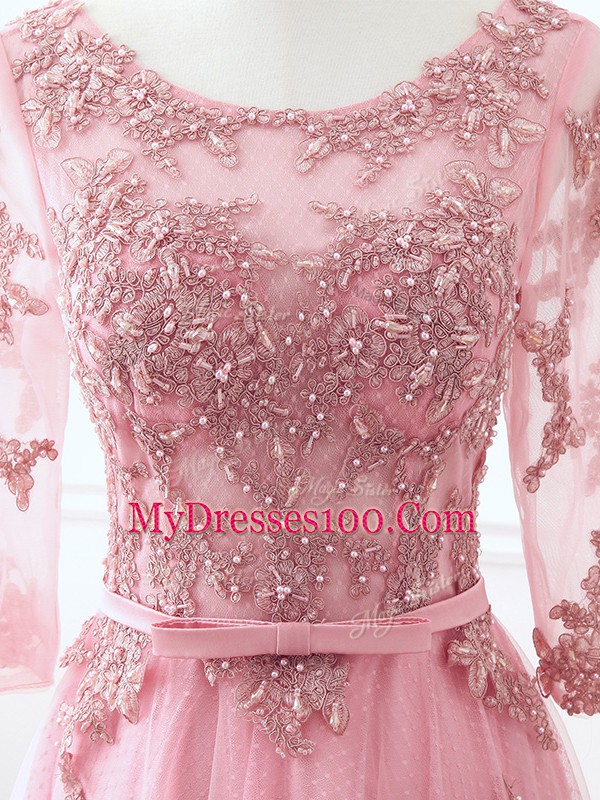 Fantastic Pink Empire Lace and Appliques and Belt Mother of Bride Dresses Lace Up Tulle 3 4 Length Sleeve Floor Length