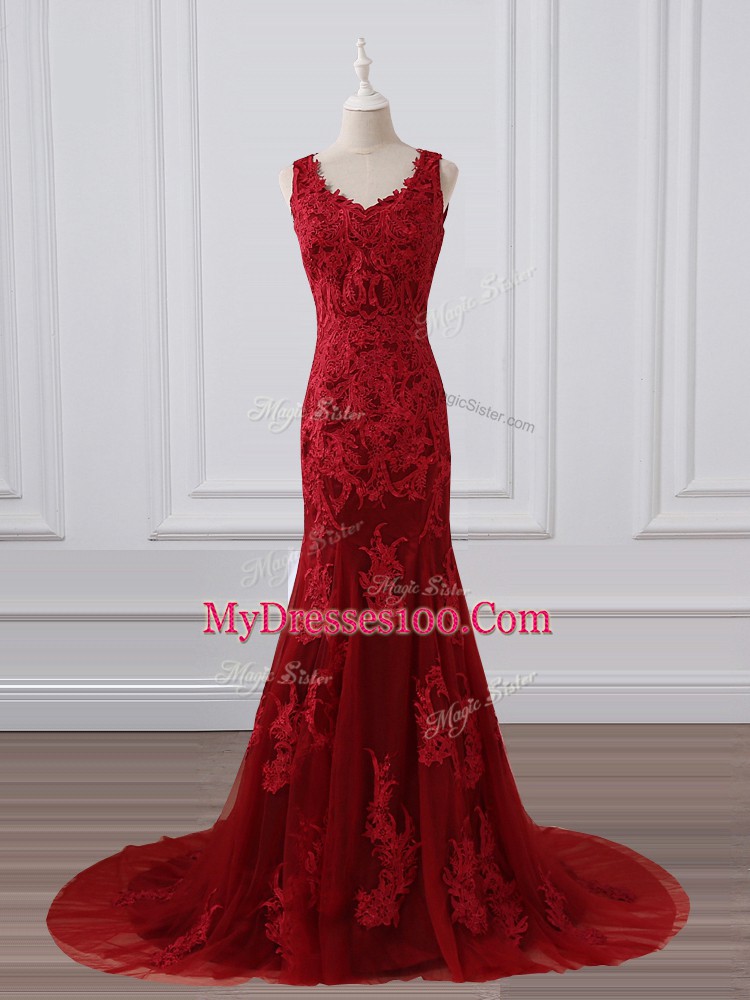 Red Sleeveless Lace Brush Train Zipper Mother Dresses for Prom and Military Ball and Wedding Party