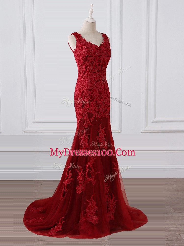 Red Sleeveless Lace Brush Train Zipper Mother Dresses for Prom and Military Ball and Wedding Party