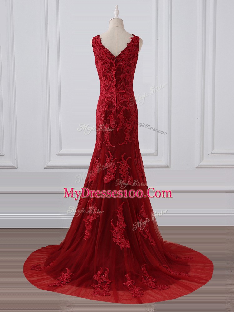 Red Sleeveless Lace Brush Train Zipper Mother Dresses for Prom and Military Ball and Wedding Party