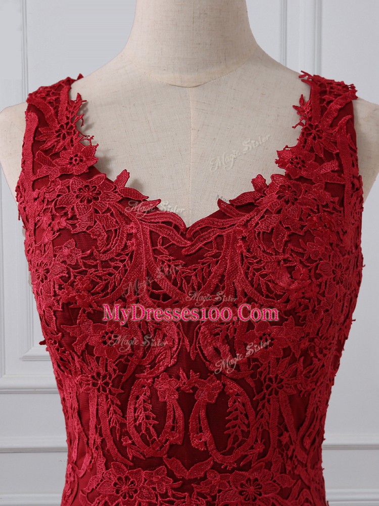 Red Sleeveless Lace Brush Train Zipper Mother Dresses for Prom and Military Ball and Wedding Party