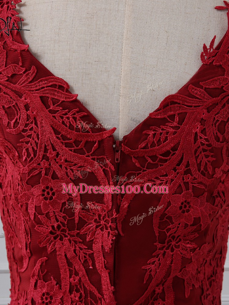 Red Sleeveless Lace Brush Train Zipper Mother Dresses for Prom and Military Ball and Wedding Party
