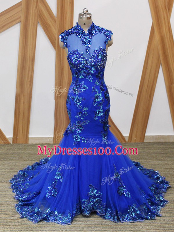 Tulle High-neck Sleeveless Brush Train Backless Lace and Appliques Prom Evening Gown in Royal Blue