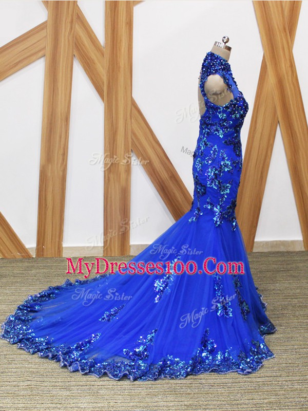 Tulle High-neck Sleeveless Brush Train Backless Lace and Appliques Prom Evening Gown in Royal Blue