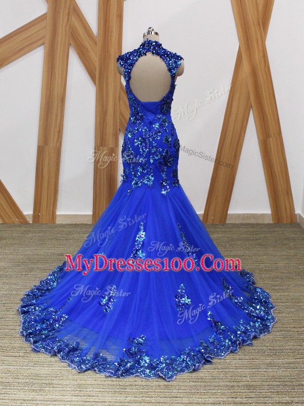 Tulle High-neck Sleeveless Brush Train Backless Lace and Appliques Prom Evening Gown in Royal Blue