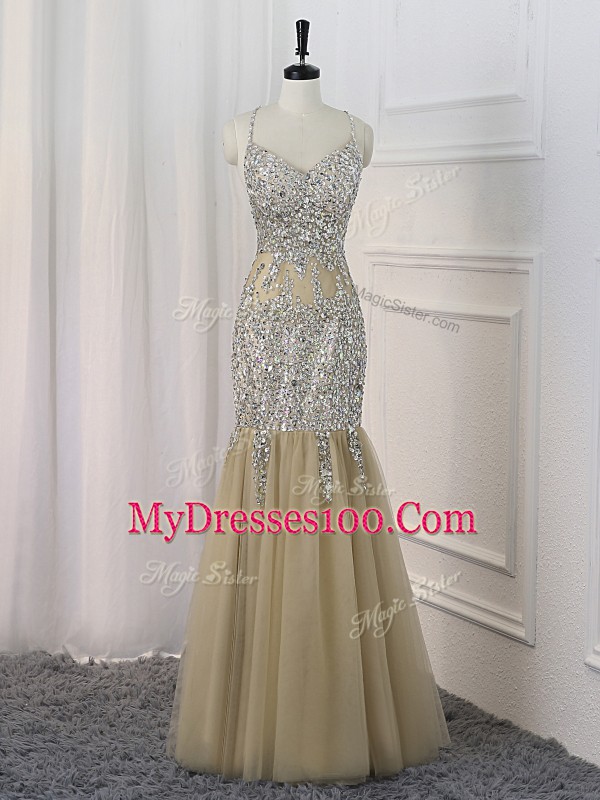 Floor Length Backless Homecoming Dress Champagne for Prom and Sweet 16 with Sequins