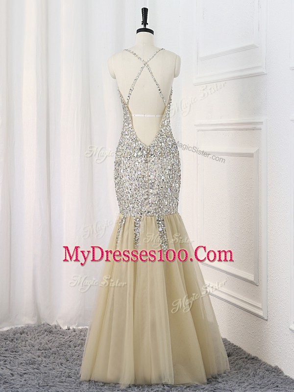 Floor Length Backless Homecoming Dress Champagne for Prom and Sweet 16 with Sequins