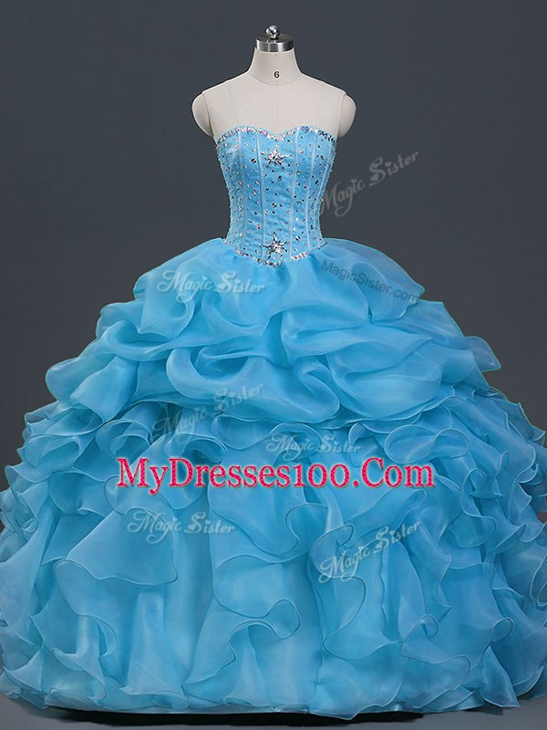 Enchanting Sleeveless Floor Length Beading and Ruffles and Pick Ups Lace Up Ball Gown Prom Dress with Baby Blue
