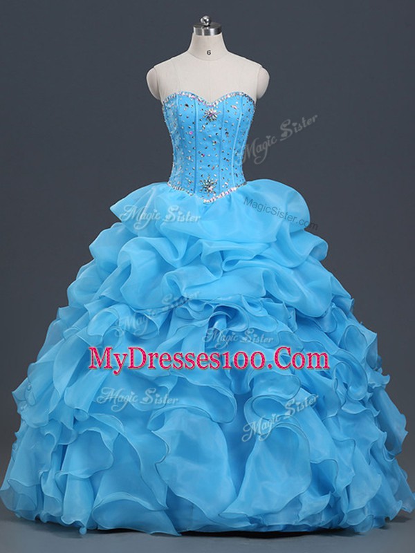 Enchanting Sleeveless Floor Length Beading and Ruffles and Pick Ups Lace Up Ball Gown Prom Dress with Baby Blue