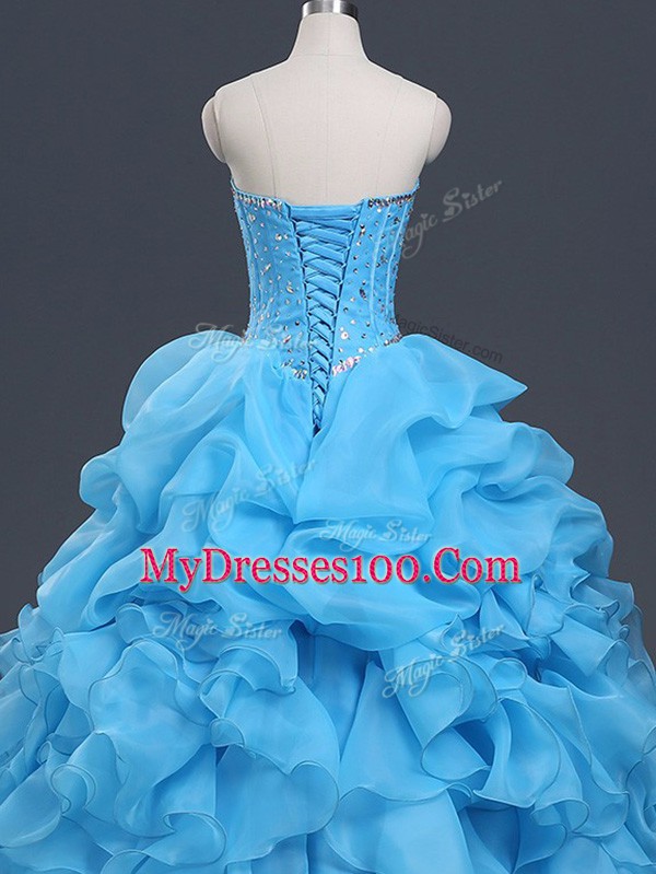 Enchanting Sleeveless Floor Length Beading and Ruffles and Pick Ups Lace Up Ball Gown Prom Dress with Baby Blue