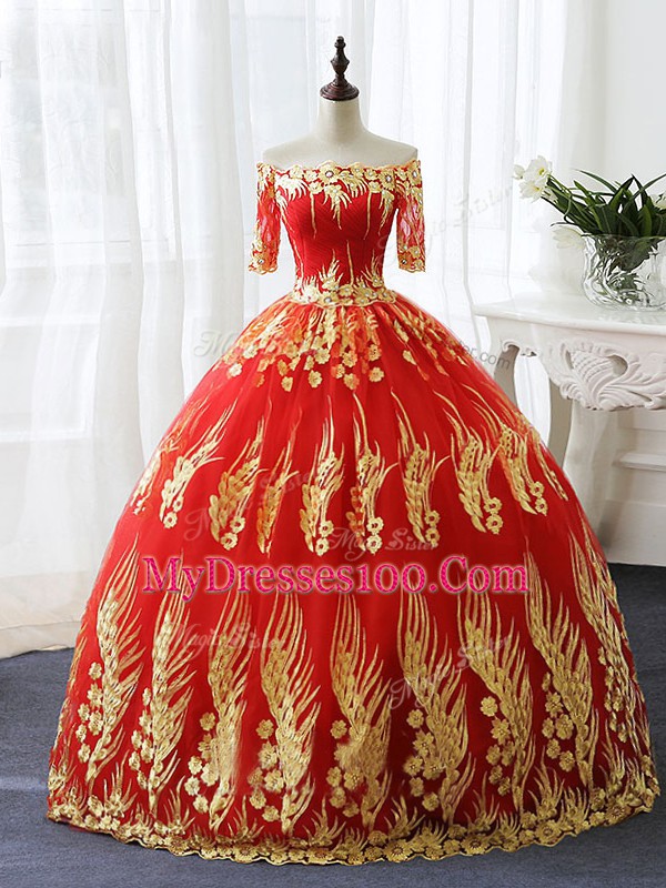 Printed Off The Shoulder Half Sleeves Lace Up Appliques Quinceanera Gown in Red