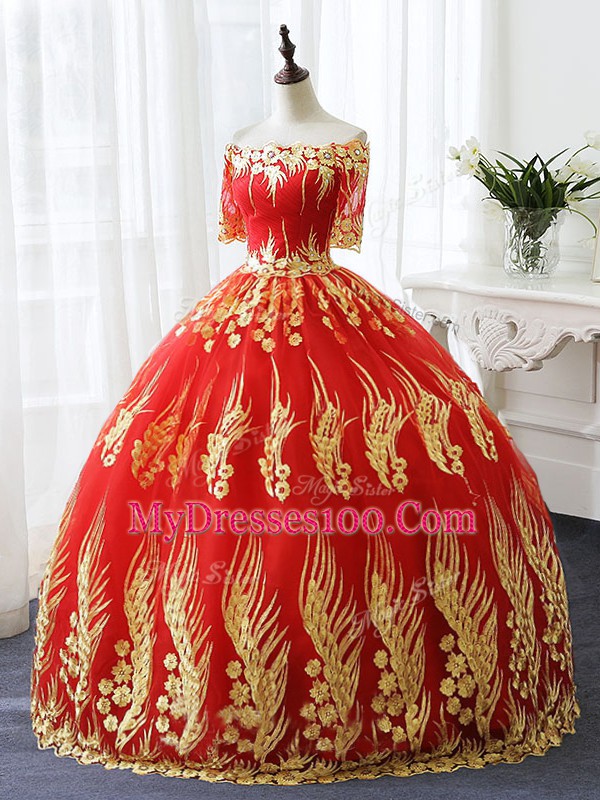 Printed Off The Shoulder Half Sleeves Lace Up Appliques Quinceanera Gown in Red