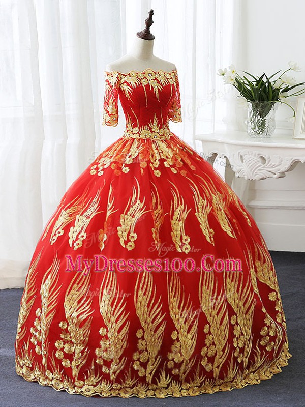 Printed Off The Shoulder Half Sleeves Lace Up Appliques Quinceanera Gown in Red