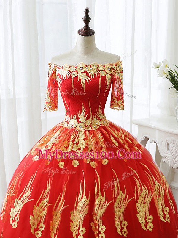 Printed Off The Shoulder Half Sleeves Lace Up Appliques Quinceanera Gown in Red