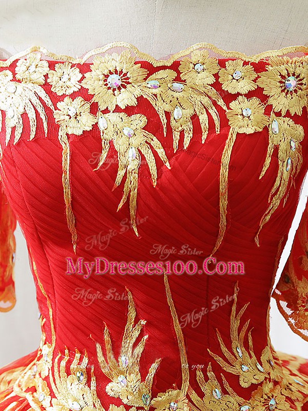 Printed Off The Shoulder Half Sleeves Lace Up Appliques Quinceanera Gown in Red