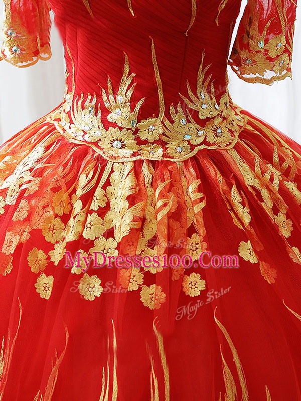 Printed Off The Shoulder Half Sleeves Lace Up Appliques Quinceanera Gown in Red