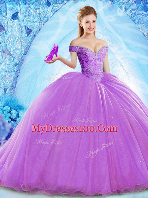 Off The Shoulder Sleeveless Quince Ball Gowns Brush Train Beading Lavender Organza