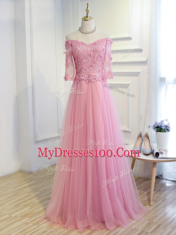 Floor Length Pink Mother Of The Bride Dress Tulle 3 4 Length Sleeve Beading and Lace and Appliques