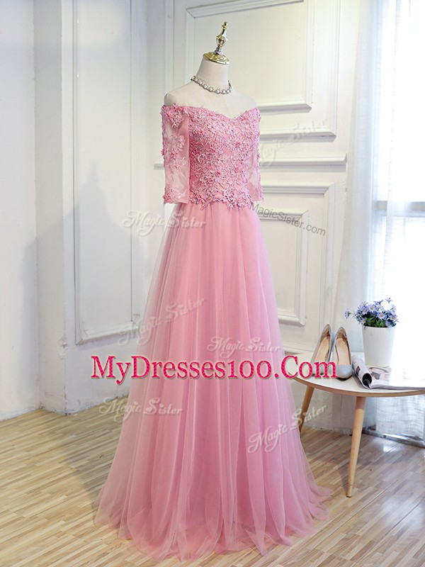Floor Length Pink Mother Of The Bride Dress Tulle 3 4 Length Sleeve Beading and Lace and Appliques