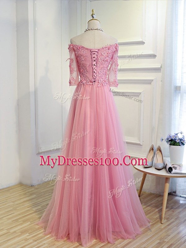 Floor Length Pink Mother Of The Bride Dress Tulle 3 4 Length Sleeve Beading and Lace and Appliques